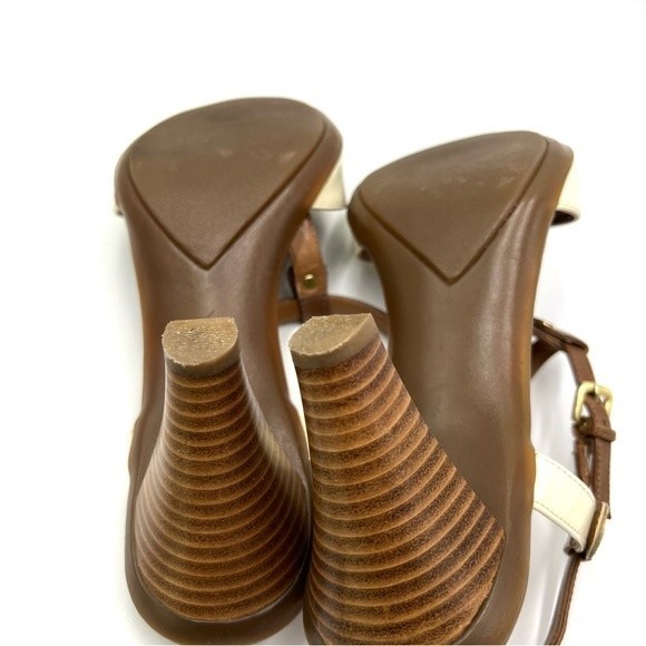 Tahari Women's Betsy Brown Cream Leather T-Strap Open Toe Sandals Heels Shoes 9 - Picture 10 of 13